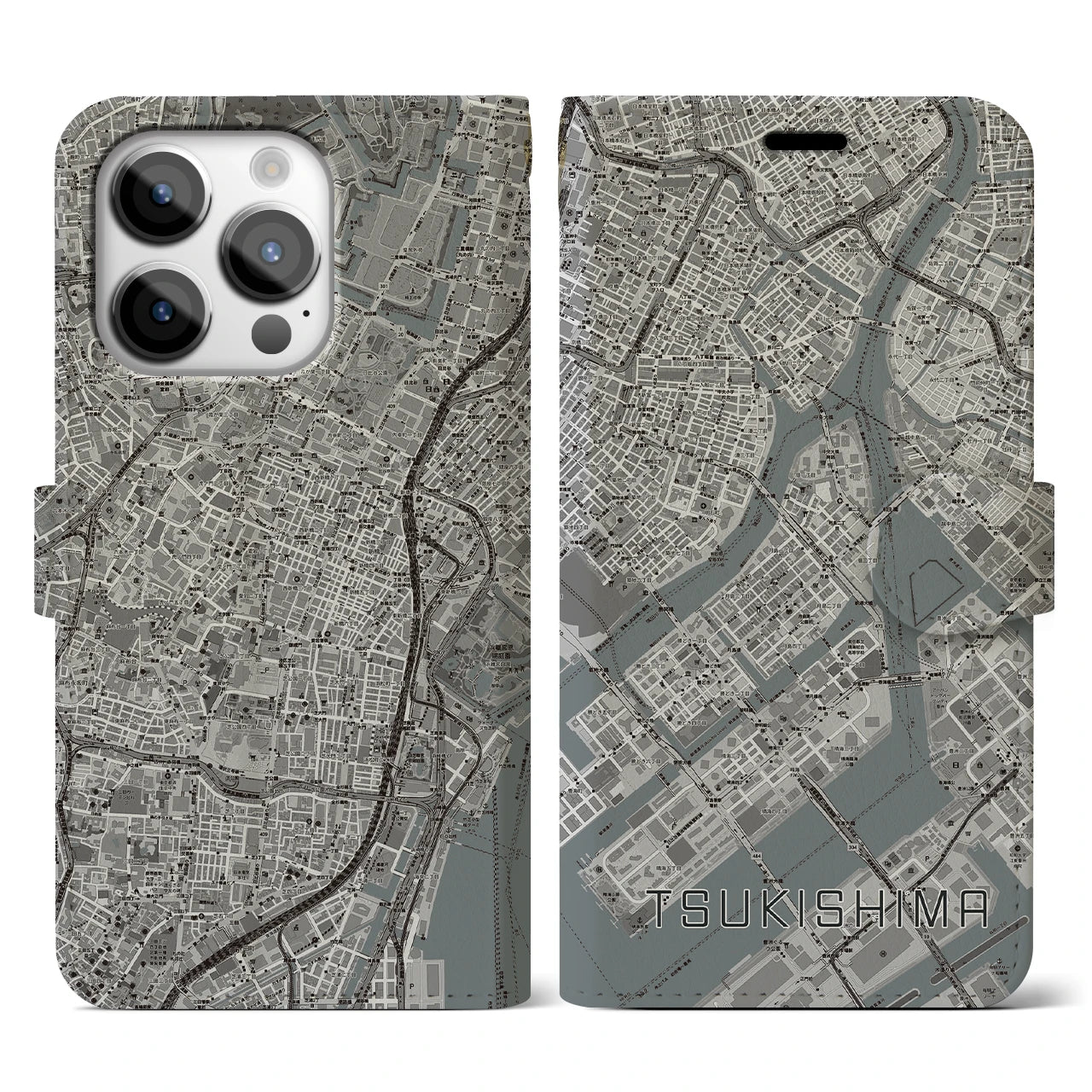 【月島(東京都)】地図柄iPhoneケース(手帳タイプ)モノトーン・iPhone 14 Pro 用