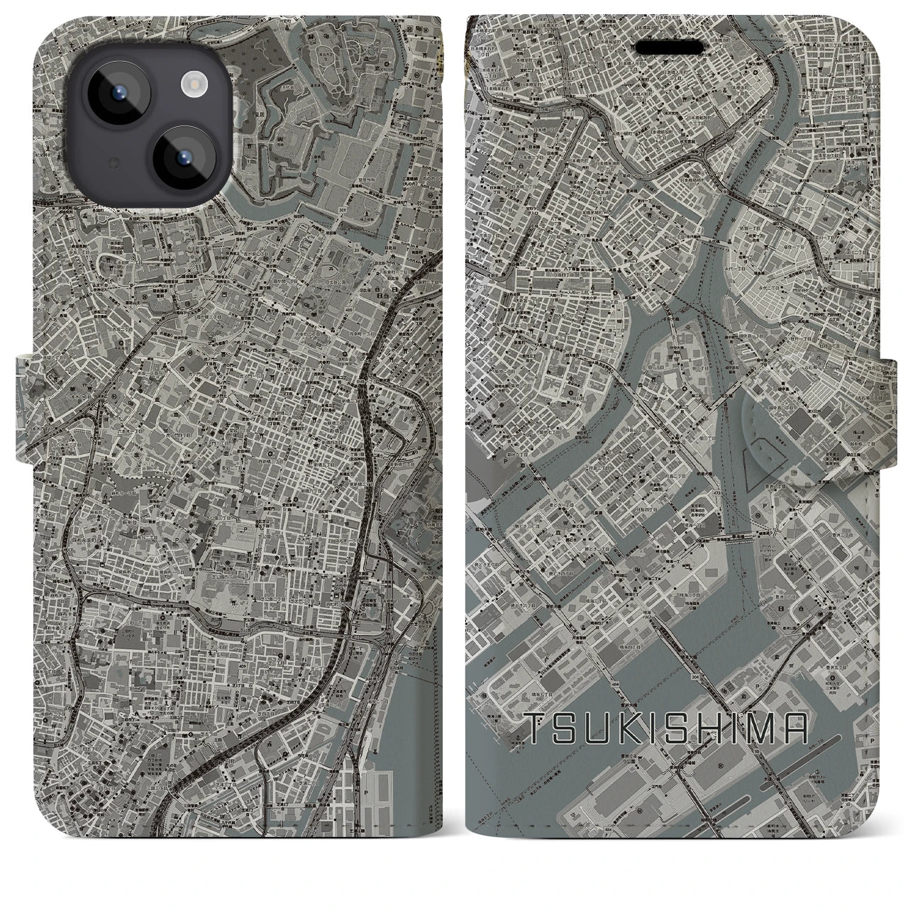 【月島(東京都)】地図柄iPhoneケース(手帳タイプ)モノトーン・iPhone 14 Plus 用