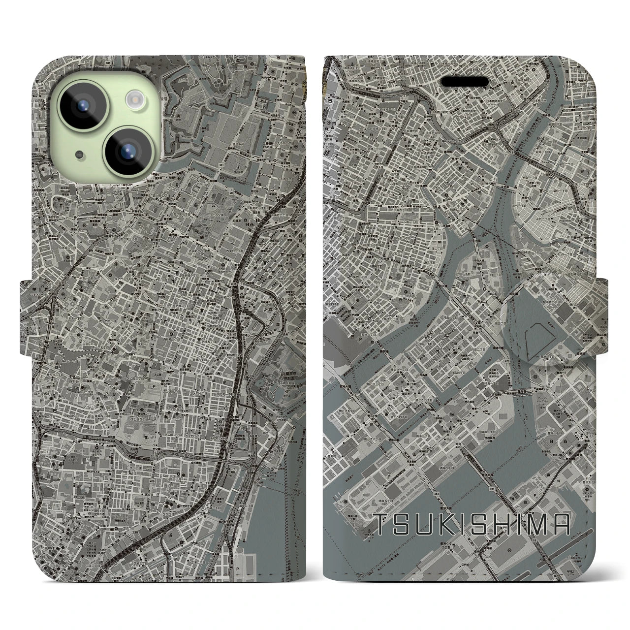 【月島(東京都)】地図柄iPhoneケース(手帳タイプ)モノトーン・iPhone 15 用