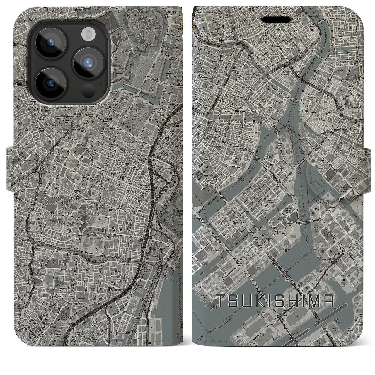 【月島(東京都)】地図柄iPhoneケース(手帳タイプ)モノトーン・iPhone 15 Pro Max 用