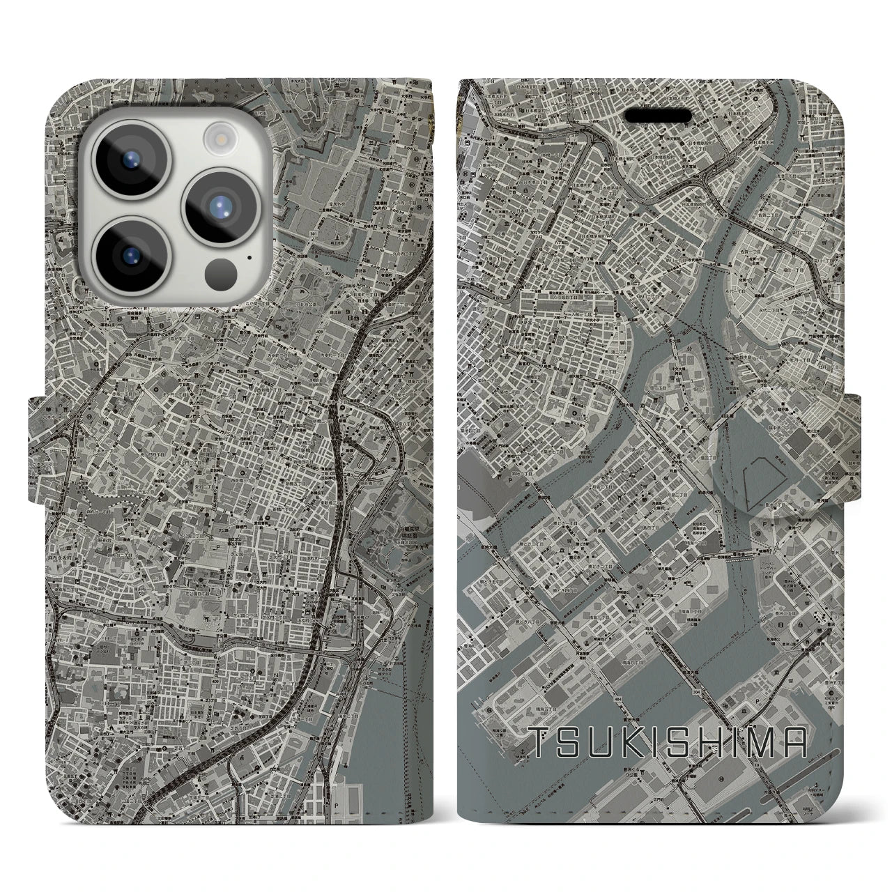【月島(東京都)】地図柄iPhoneケース(手帳タイプ)モノトーン・iPhone 15 Pro 用