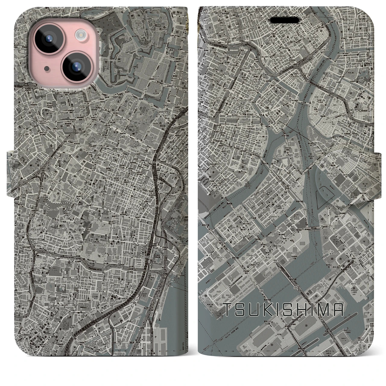 【月島(東京都)】地図柄iPhoneケース(手帳タイプ)モノトーン・iPhone 15 Plus 用