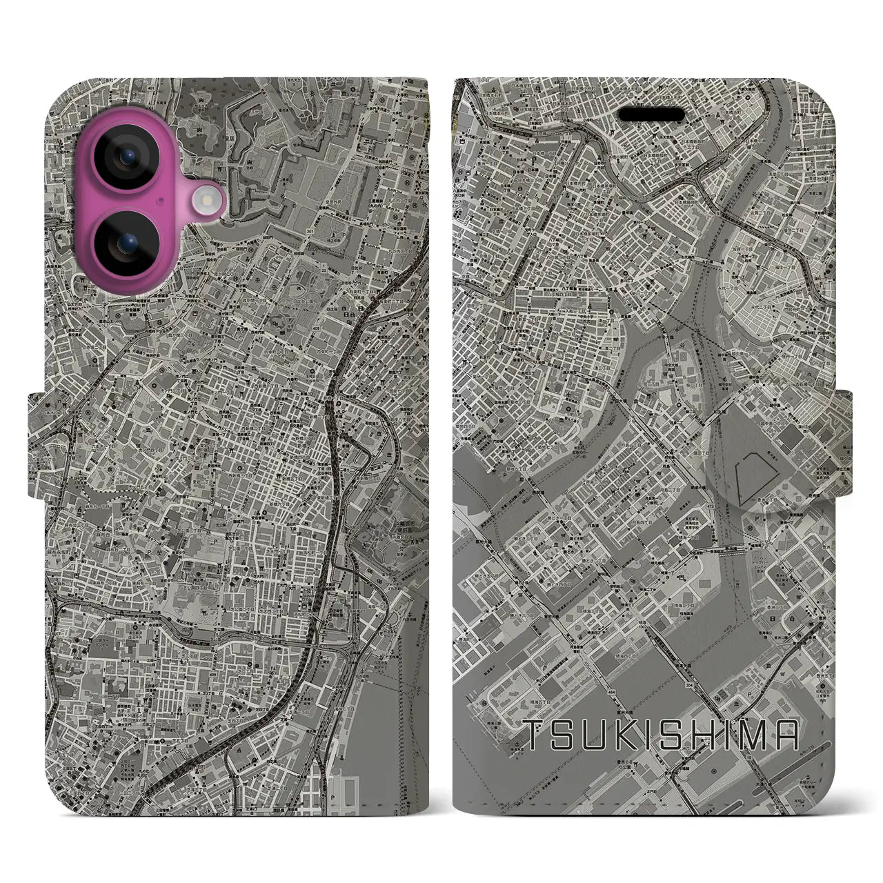 【月島(東京都)】地図柄iPhoneケース(手帳タイプ)モノトーン・iPhone 16 Pro 用