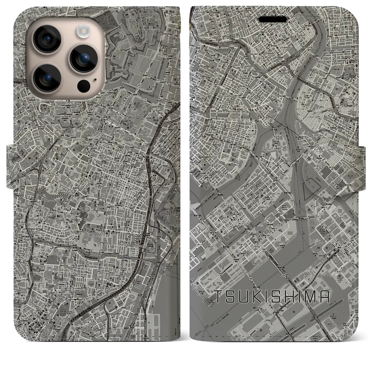 【月島(東京都)】地図柄iPhoneケース(手帳タイプ)モノトーン・iPhone 16 Plus 用