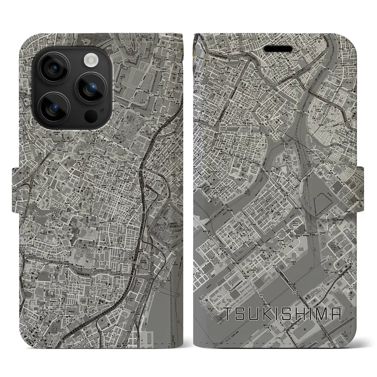 【月島(東京都)】地図柄iPhoneケース(手帳タイプ)モノトーン・iPhone 16 用