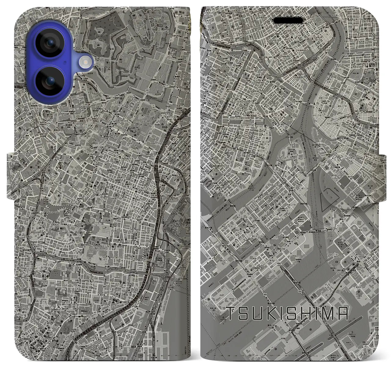 【月島(東京都)】地図柄iPhoneケース(手帳タイプ)モノトーン・iPhone 16 Pro Max 用