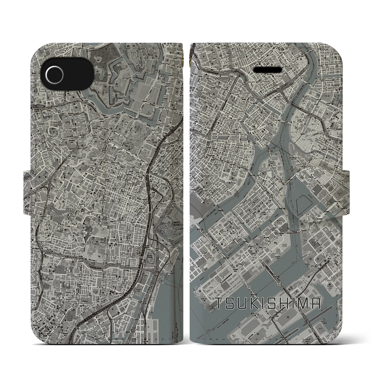【月島(東京都)】地図柄iPhoneケース(手帳タイプ)モノトーン・iPhone SE(第3 / 第2世代) / 8 / 7 / 6s / 6 用