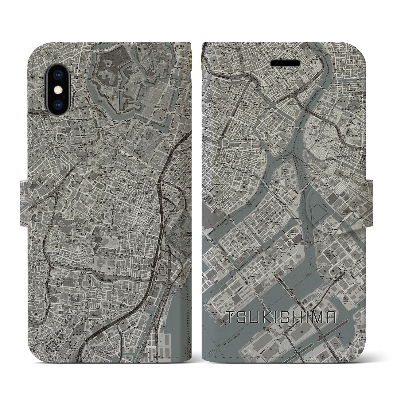 【月島(東京都)】地図柄iPhoneケース(手帳タイプ)モノトーン・iPhone XS / X 用