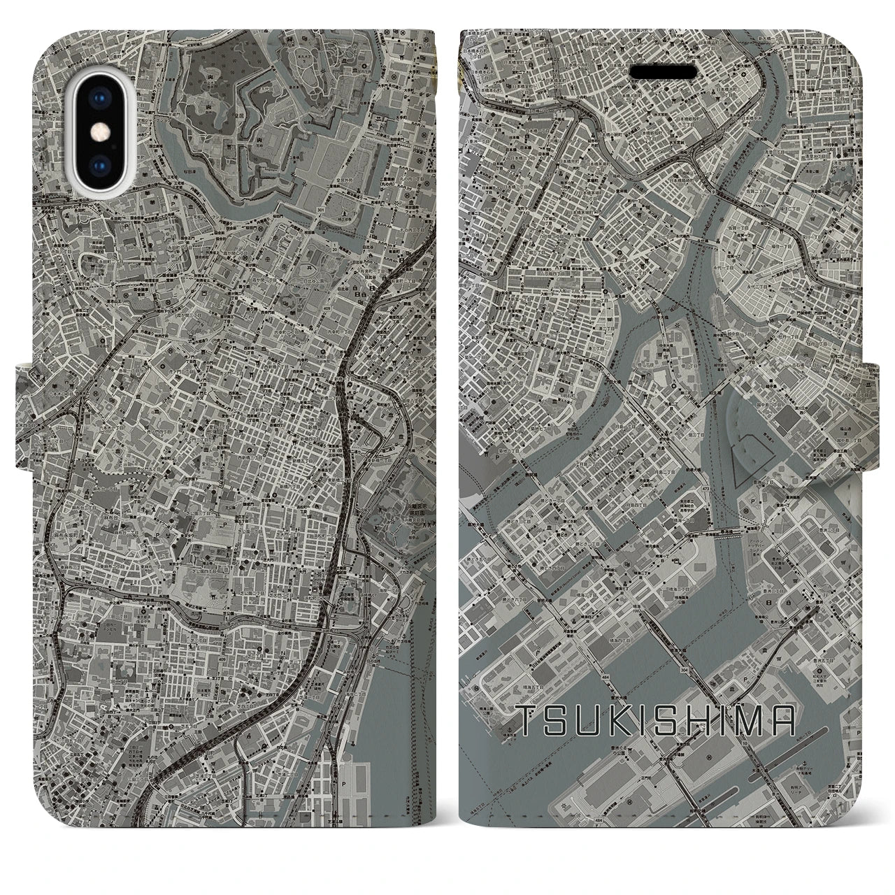 【月島(東京都)】地図柄iPhoneケース(手帳タイプ)モノトーン・iPhone XS Max 用