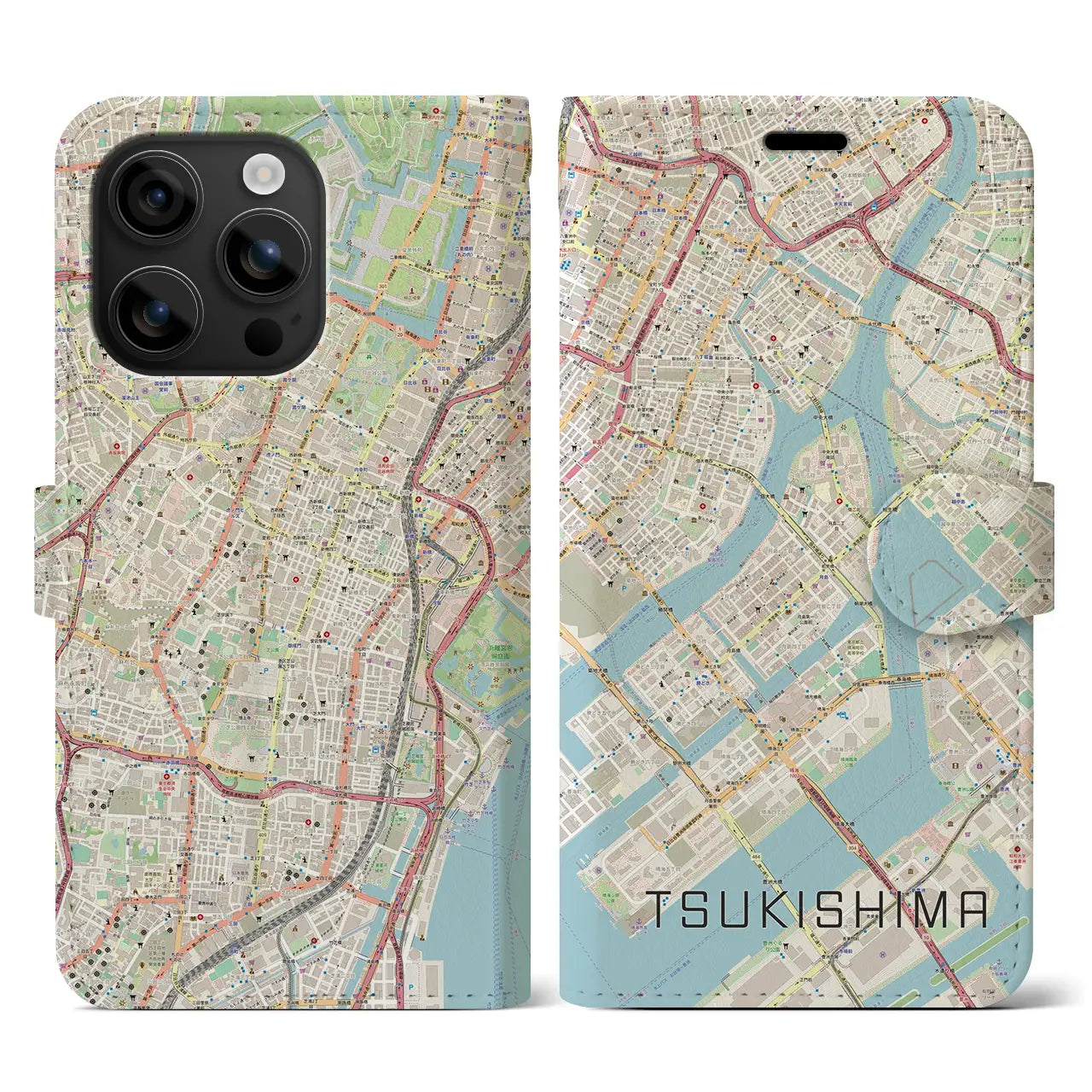 【月島(東京都)】地図柄iPhoneケース(手帳タイプ)ナチュラル・iPhone 16 用