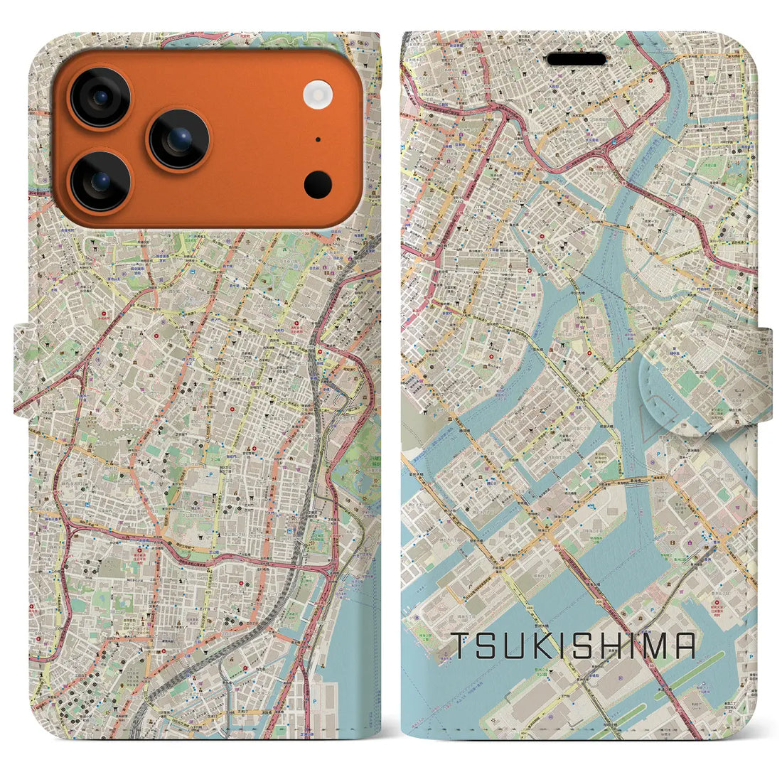 【月島(東京都)】地図柄iPhoneケース(手帳タイプ)モノトーン・iPhone 17 Pro Max 用