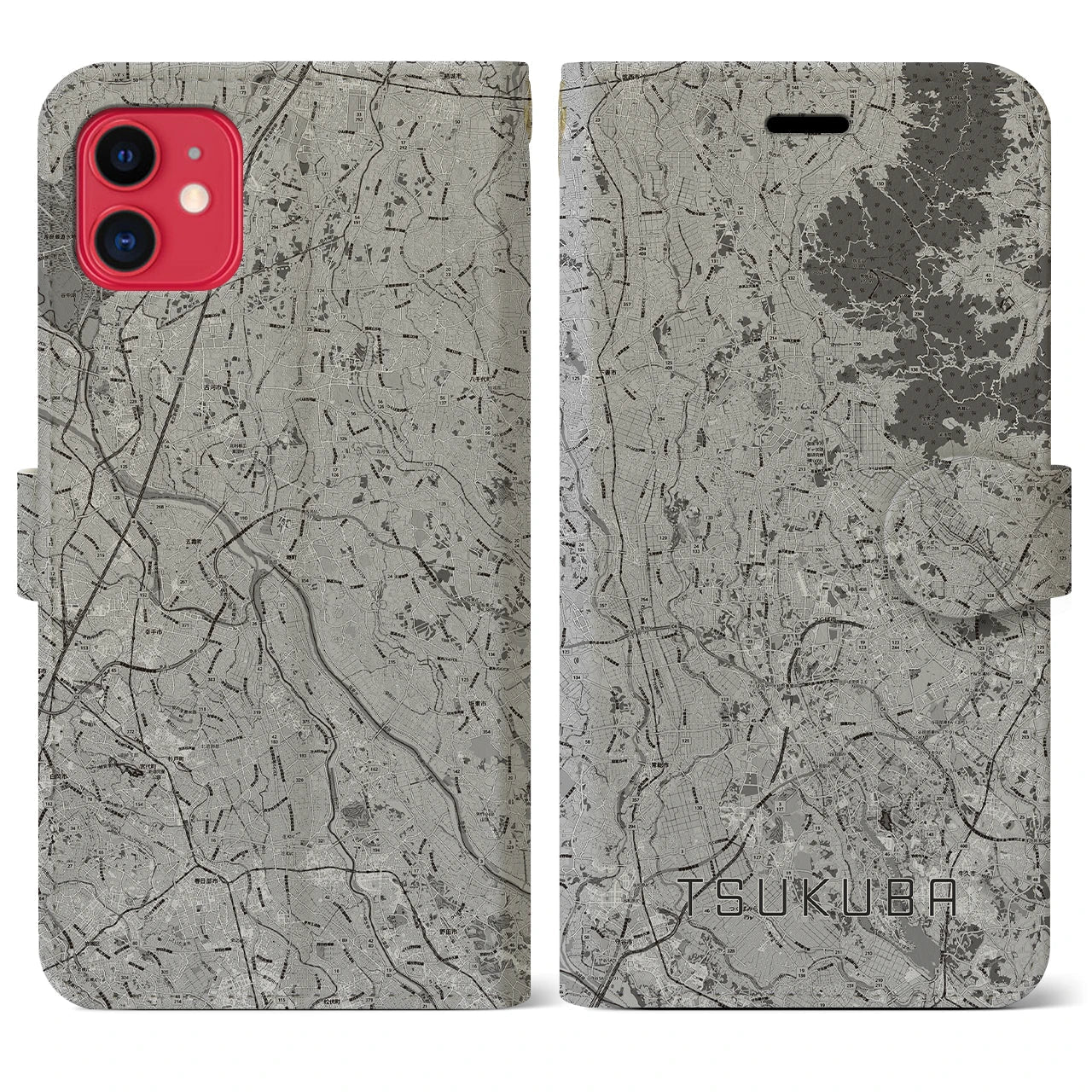 【つくば2(茨城県)】地図柄iPhoneケース(手帳タイプ)モノトーン・iPhone 11 用