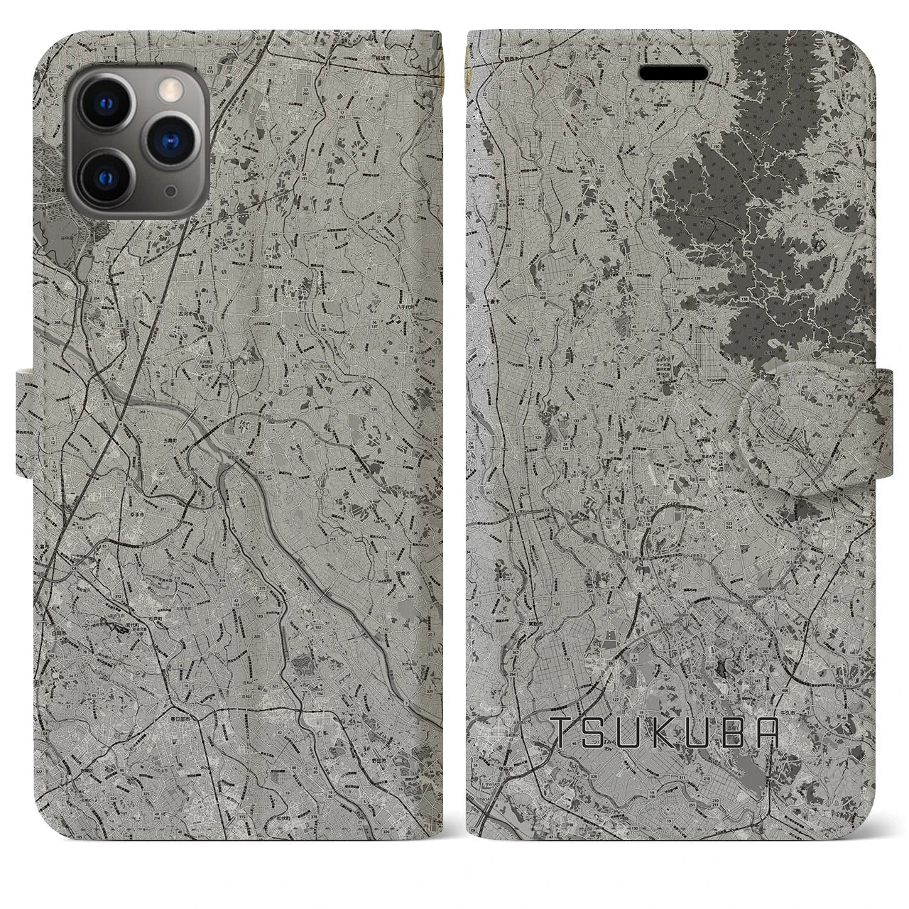 【つくば2(茨城県)】地図柄iPhoneケース(手帳タイプ)モノトーン・iPhone 11 Pro Max 用