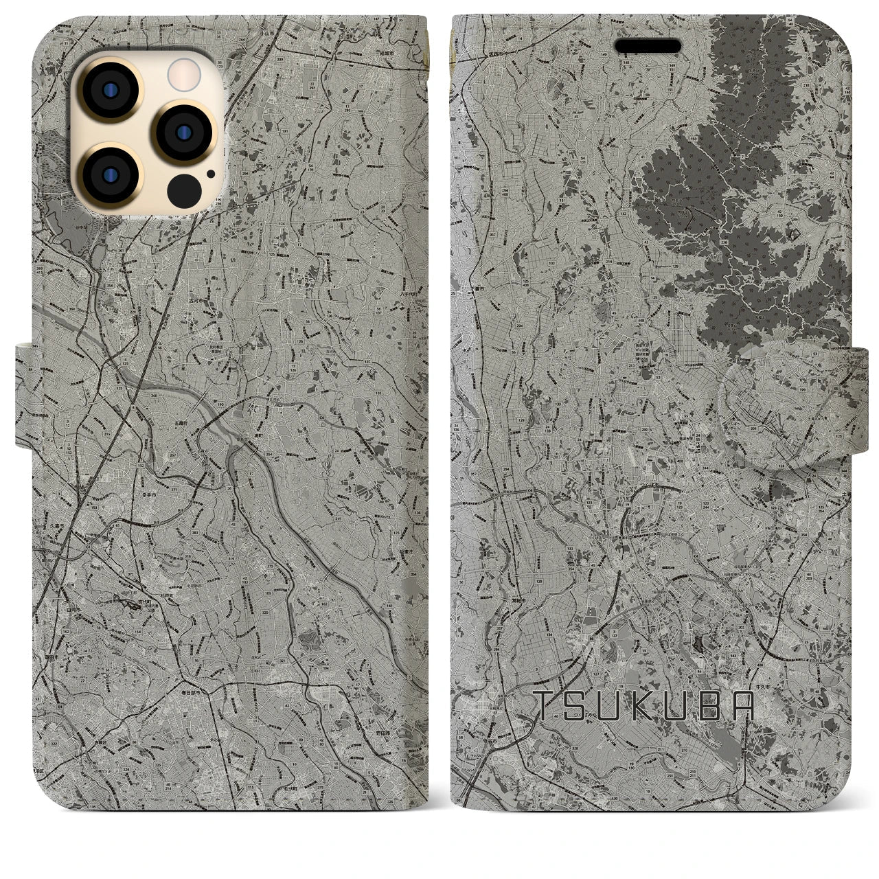 【つくば2(茨城県)】地図柄iPhoneケース(手帳タイプ)モノトーン・iPhone 12 Pro Max 用
