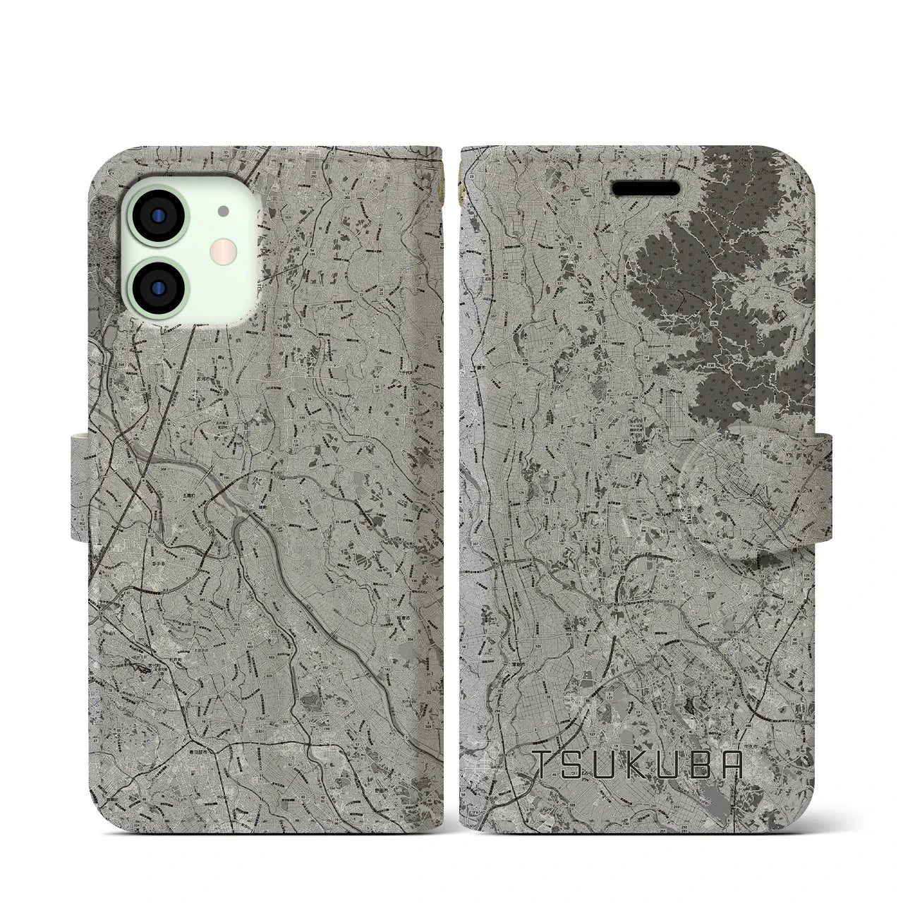 【つくば2(茨城県)】地図柄iPhoneケース(手帳タイプ)モノトーン・iPhone 12 mini 用