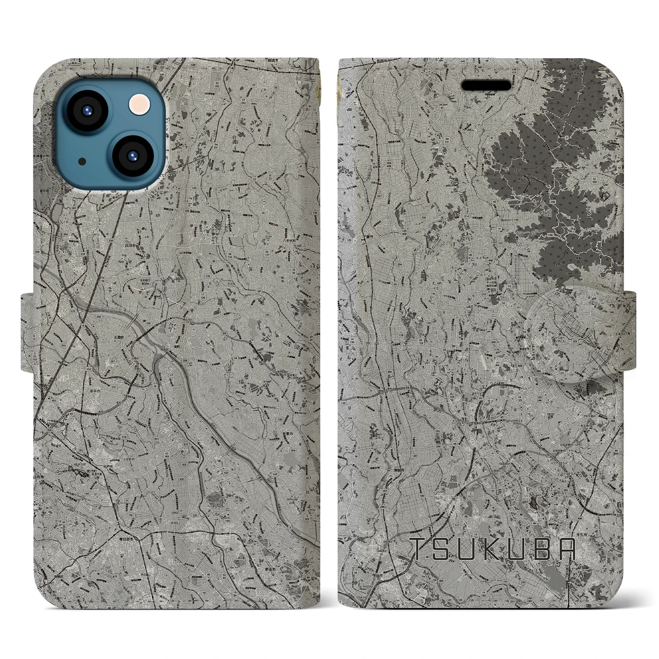 【つくば2(茨城県)】地図柄iPhoneケース(手帳タイプ)モノトーン・iPhone 13 用