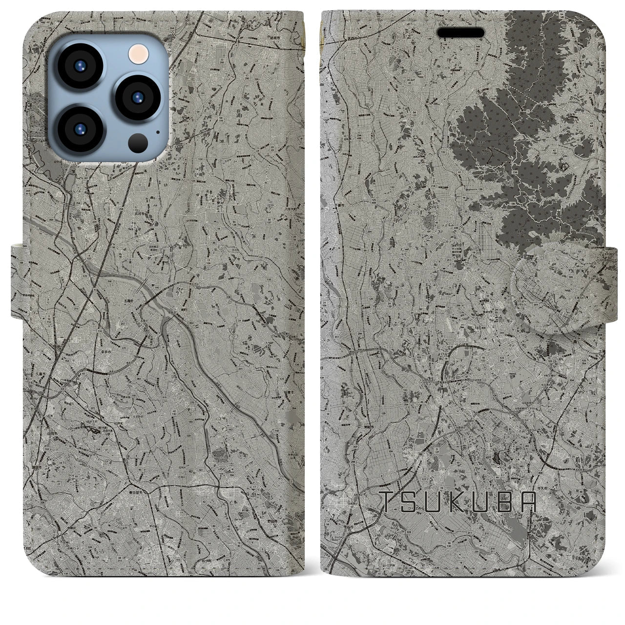 【つくば2(茨城県)】地図柄iPhoneケース(手帳タイプ)モノトーン・iPhone 13 Pro Max 用