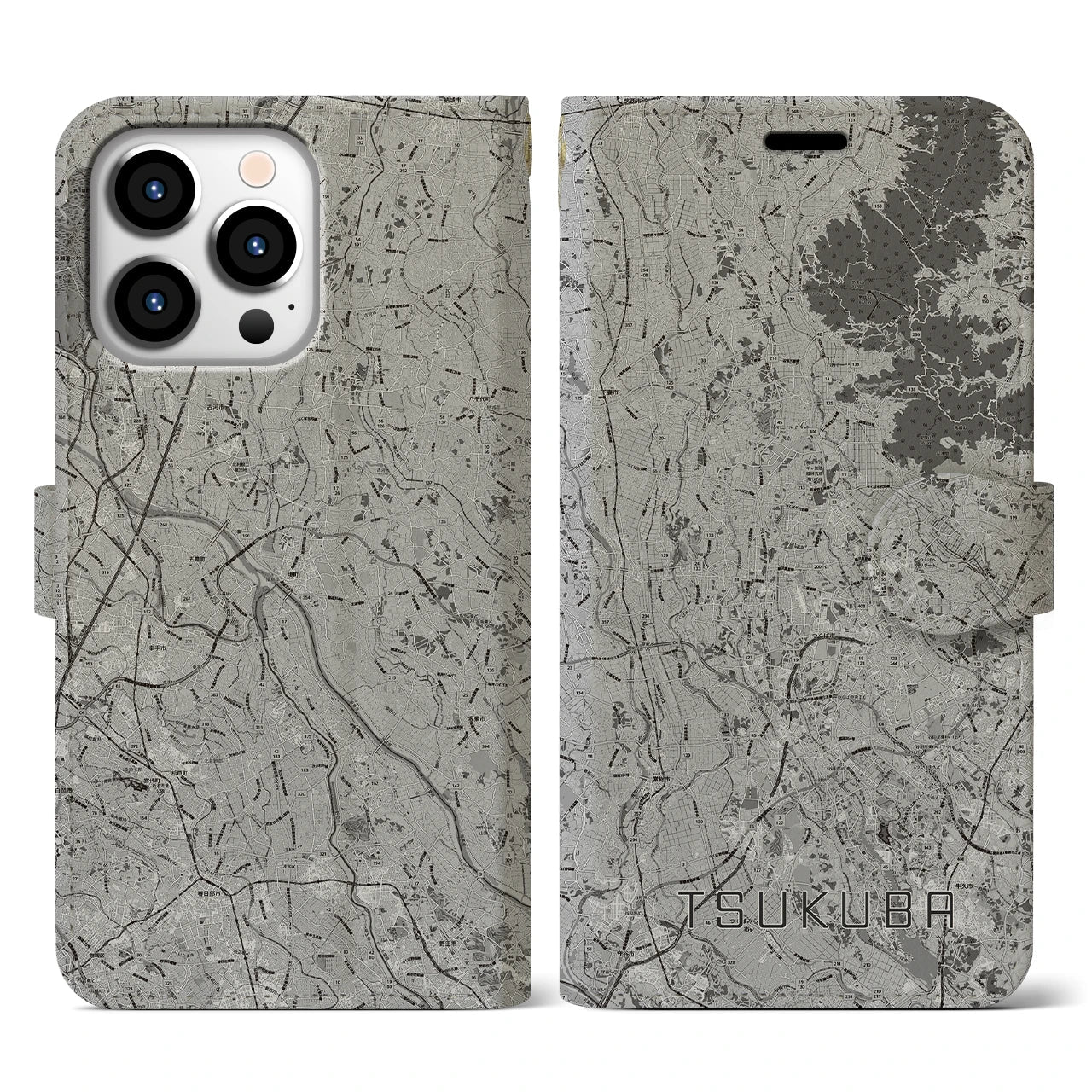 【つくば2(茨城県)】地図柄iPhoneケース(手帳タイプ)モノトーン・iPhone 13 Pro 用
