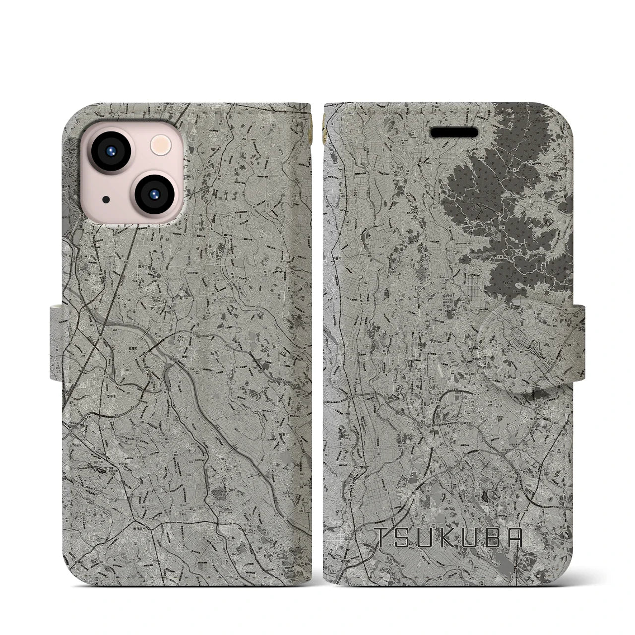 【つくば2(茨城県)】地図柄iPhoneケース(手帳タイプ)モノトーン・iPhone 13 mini 用