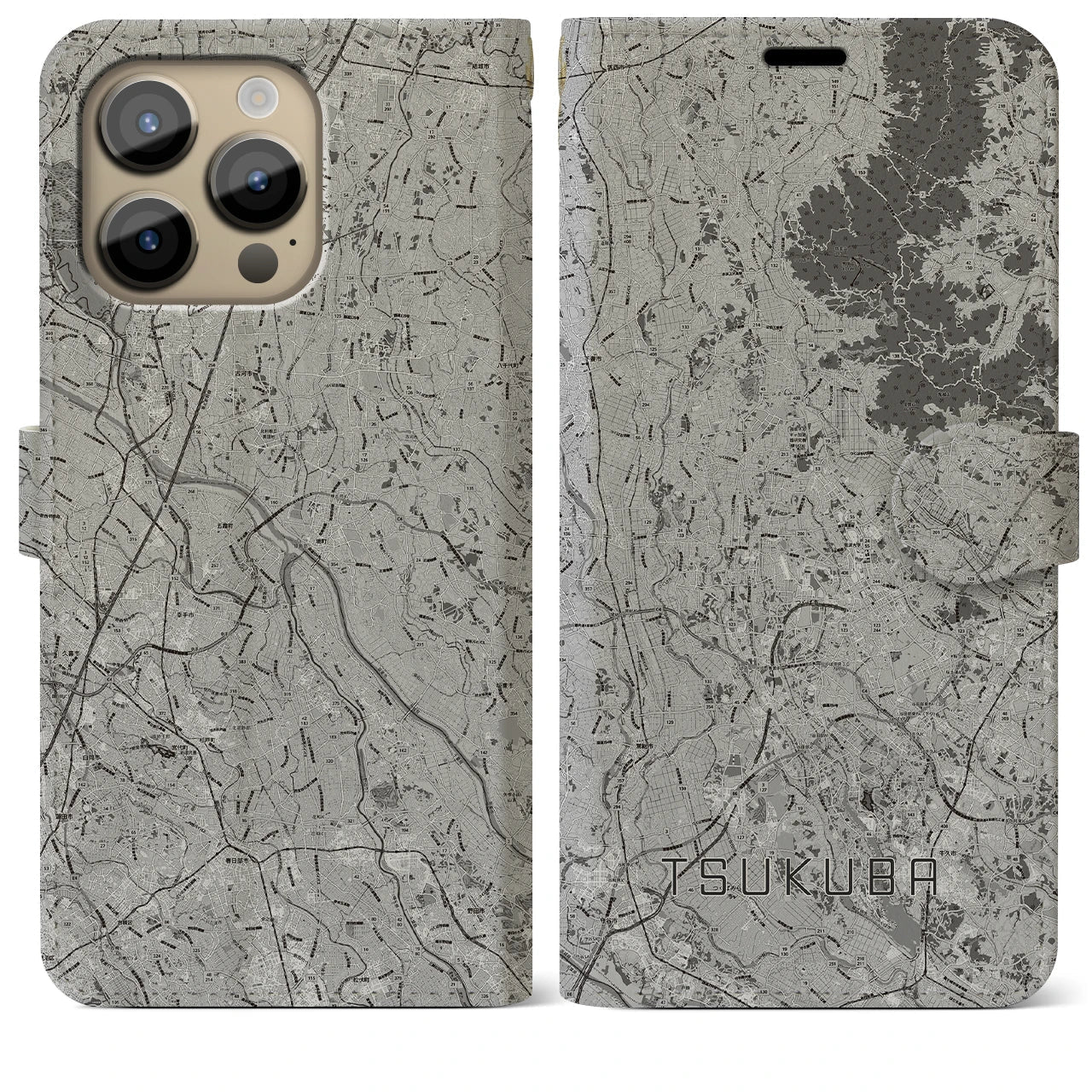 【つくば2(茨城県)】地図柄iPhoneケース(手帳タイプ)モノトーン・iPhone 14 Pro Max 用