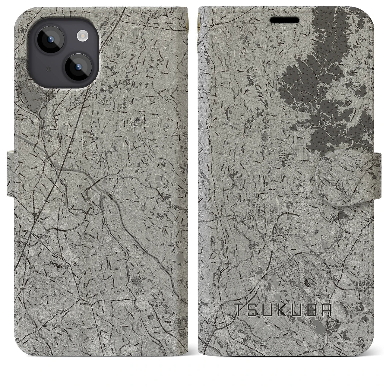 【つくば2(茨城県)】地図柄iPhoneケース(手帳タイプ)モノトーン・iPhone 14 Plus 用