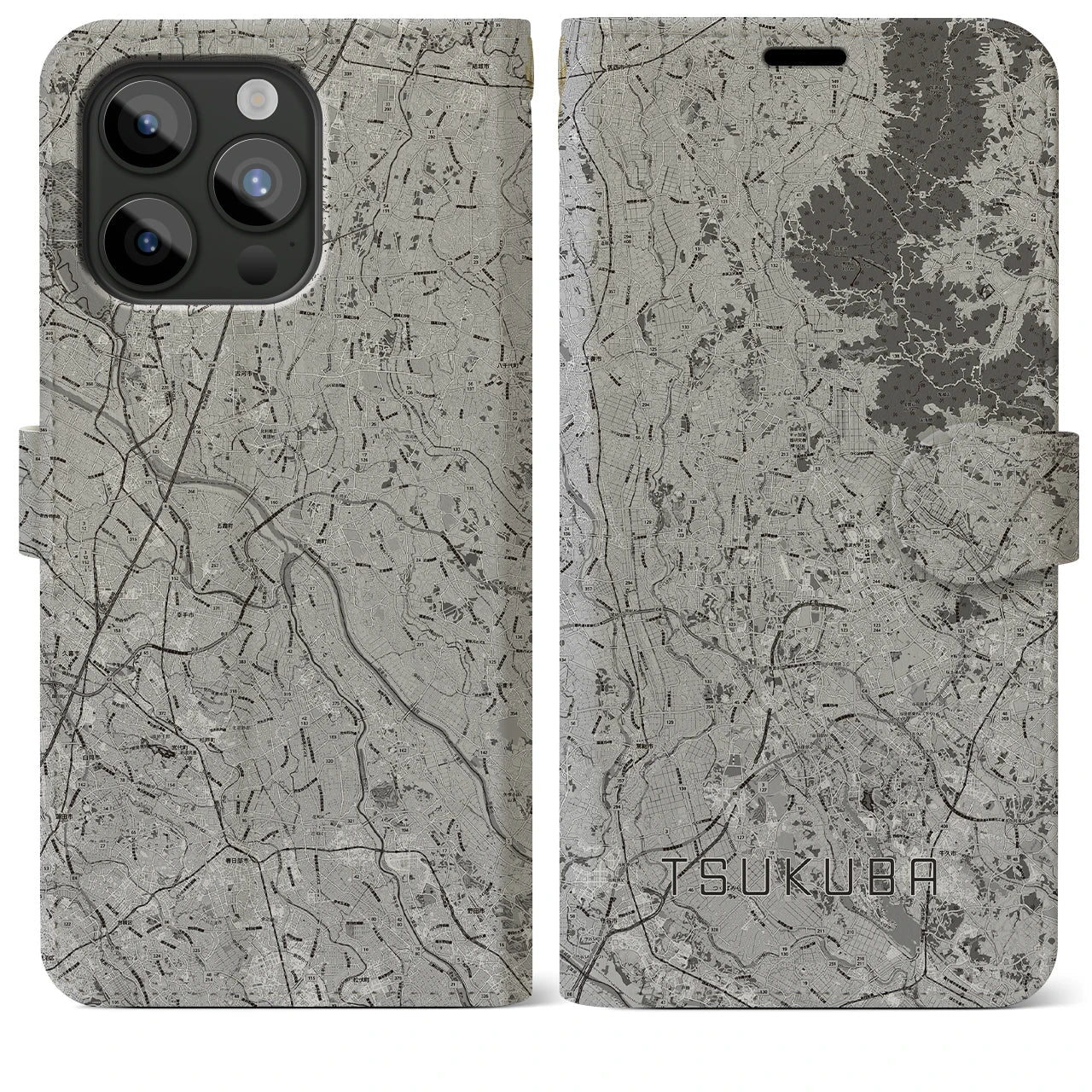 【つくば2(茨城県)】地図柄iPhoneケース(手帳タイプ)モノトーン・iPhone 15 Pro Max 用