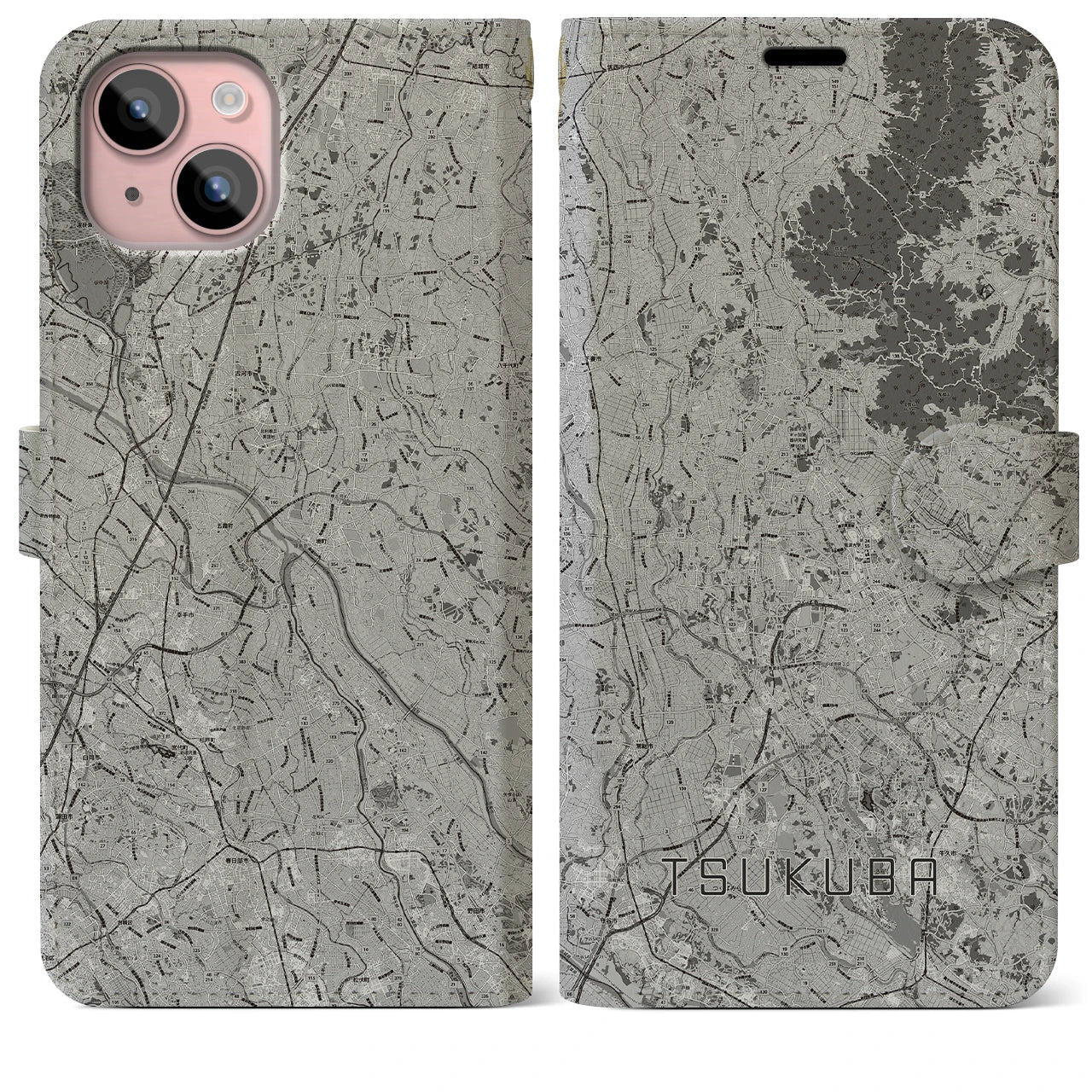 【つくば2(茨城県)】地図柄iPhoneケース(手帳タイプ)モノトーン・iPhone 15 Plus 用