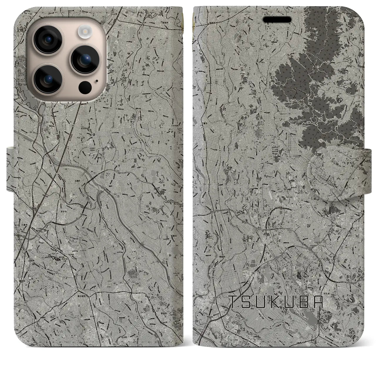 【つくば2(茨城県)】地図柄iPhoneケース(手帳タイプ)モノトーン・iPhone 16 Plus 用