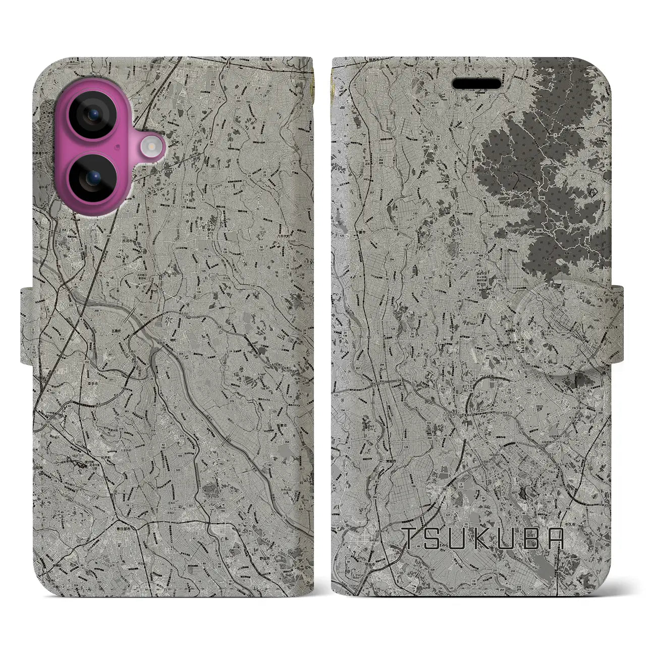 【つくば2(茨城県)】地図柄iPhoneケース(手帳タイプ)モノトーン・iPhone 16 Pro 用