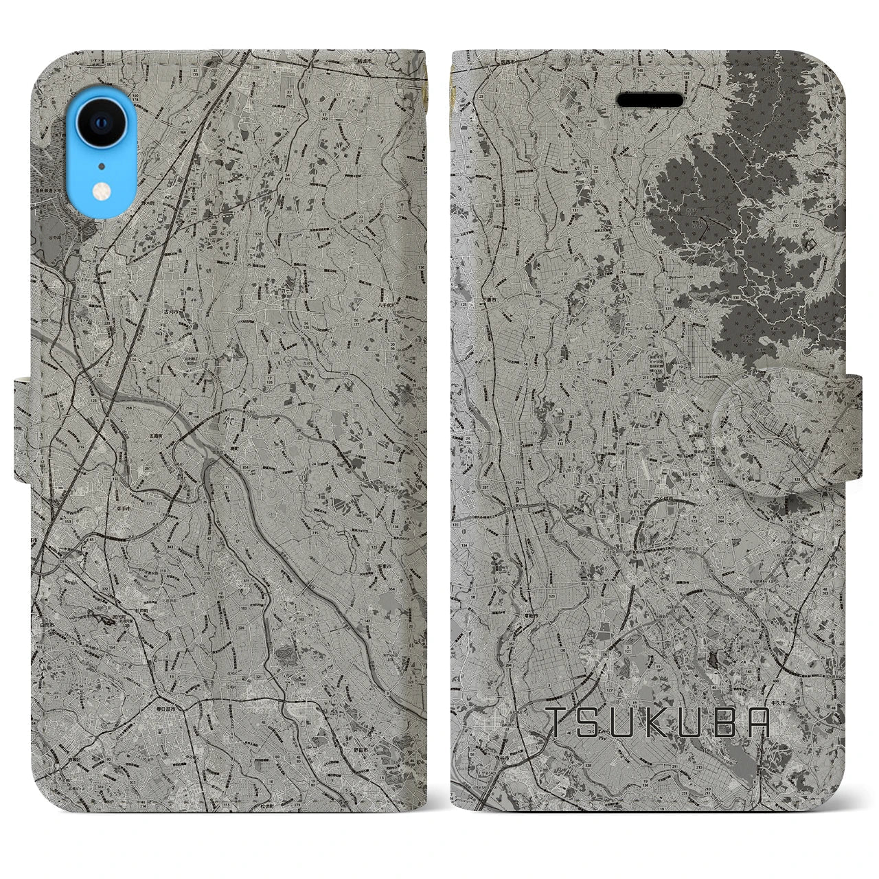 【つくば2(茨城県)】地図柄iPhoneケース(手帳タイプ)モノトーン・iPhone XR 用