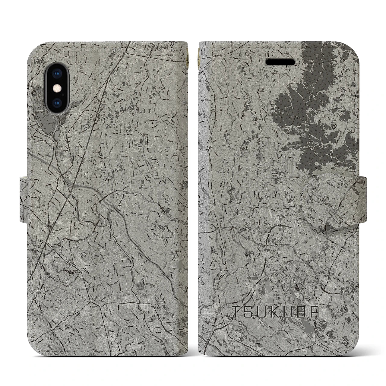 【つくば2(茨城県)】地図柄iPhoneケース(手帳タイプ)モノトーン・iPhone XS / X 用