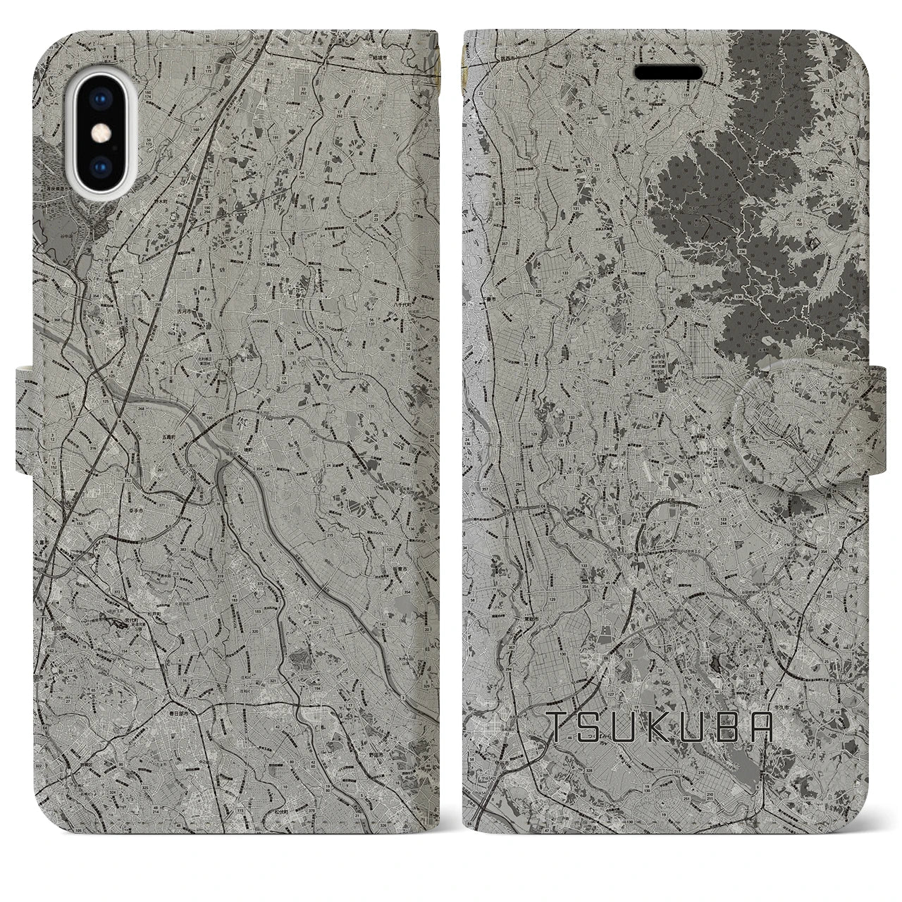 【つくば2(茨城県)】地図柄iPhoneケース(手帳タイプ)モノトーン・iPhone XS Max 用