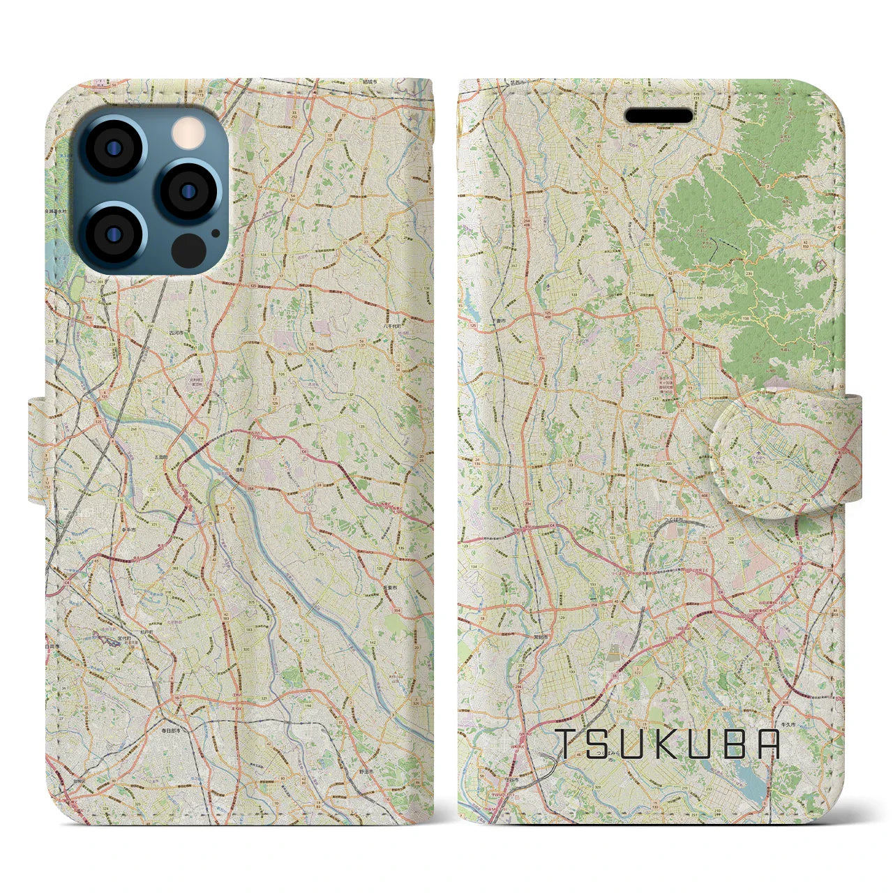 【つくば2(茨城県)】地図柄iPhoneケース(手帳タイプ)ナチュラル・iPhone 12 / 12 Pro 用