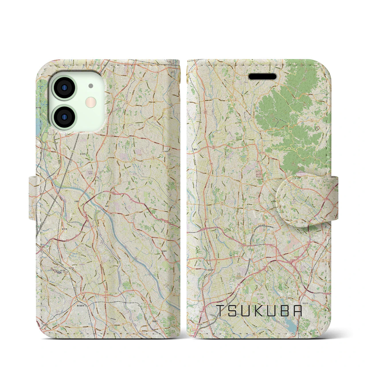 【つくば2(茨城県)】地図柄iPhoneケース(手帳タイプ)ナチュラル・iPhone 12 mini 用