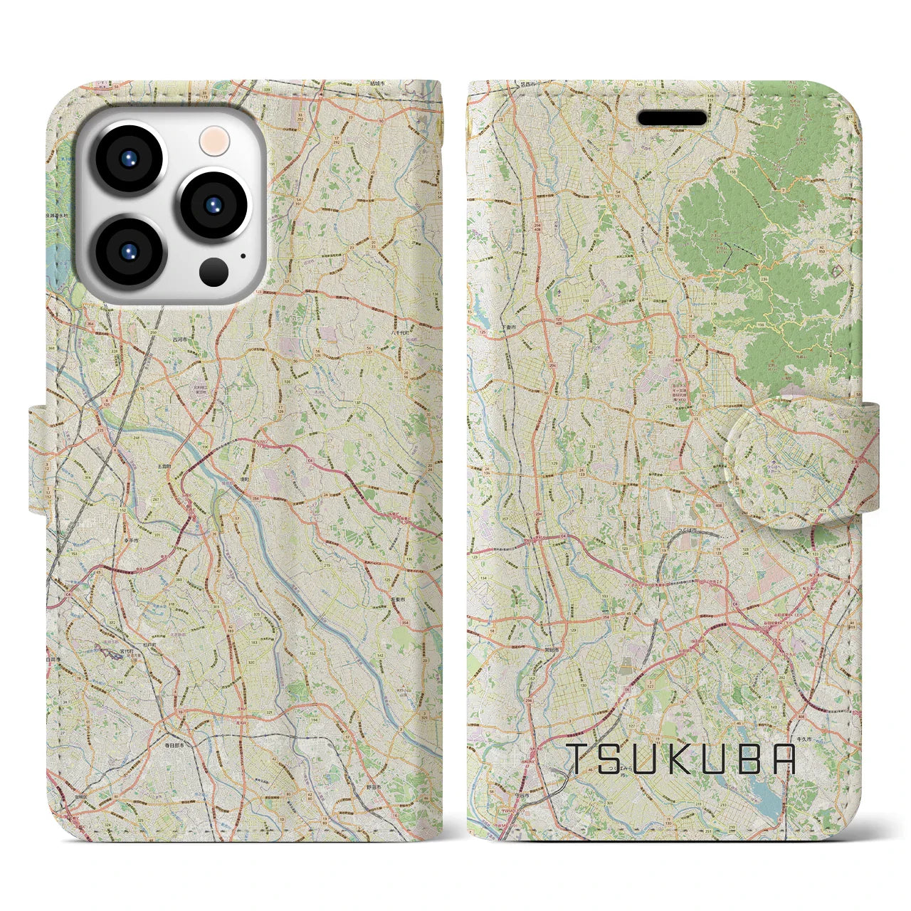 【つくば2(茨城県)】地図柄iPhoneケース(手帳タイプ)ナチュラル・iPhone 13 Pro 用