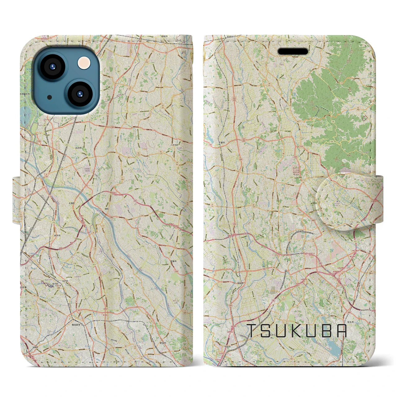【つくば2(茨城県)】地図柄iPhoneケース(手帳タイプ)ナチュラル・iPhone 13 用