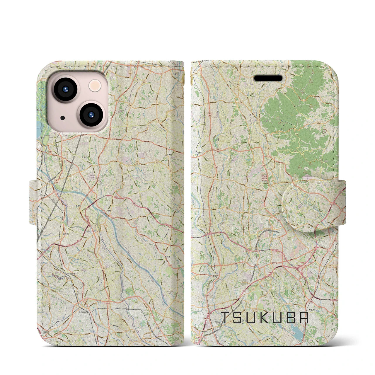 【つくば2(茨城県)】地図柄iPhoneケース(手帳タイプ)ナチュラル・iPhone 13 mini 用