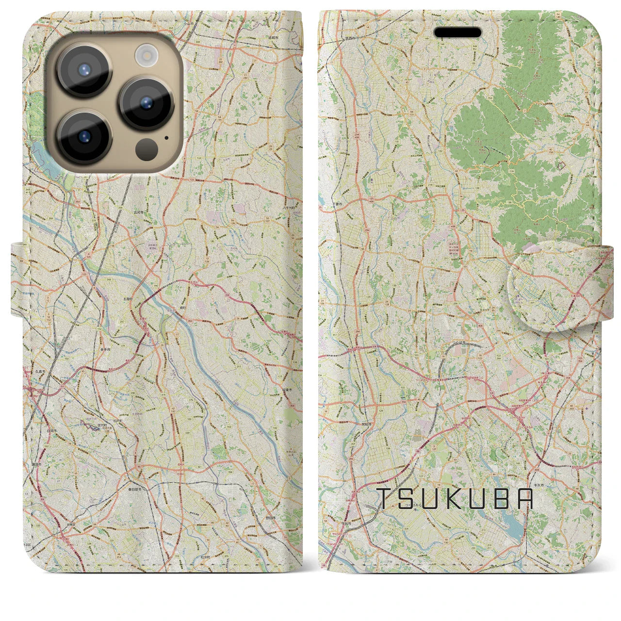 【つくば2(茨城県)】地図柄iPhoneケース(手帳タイプ)ナチュラル・iPhone 14 Pro Max 用
