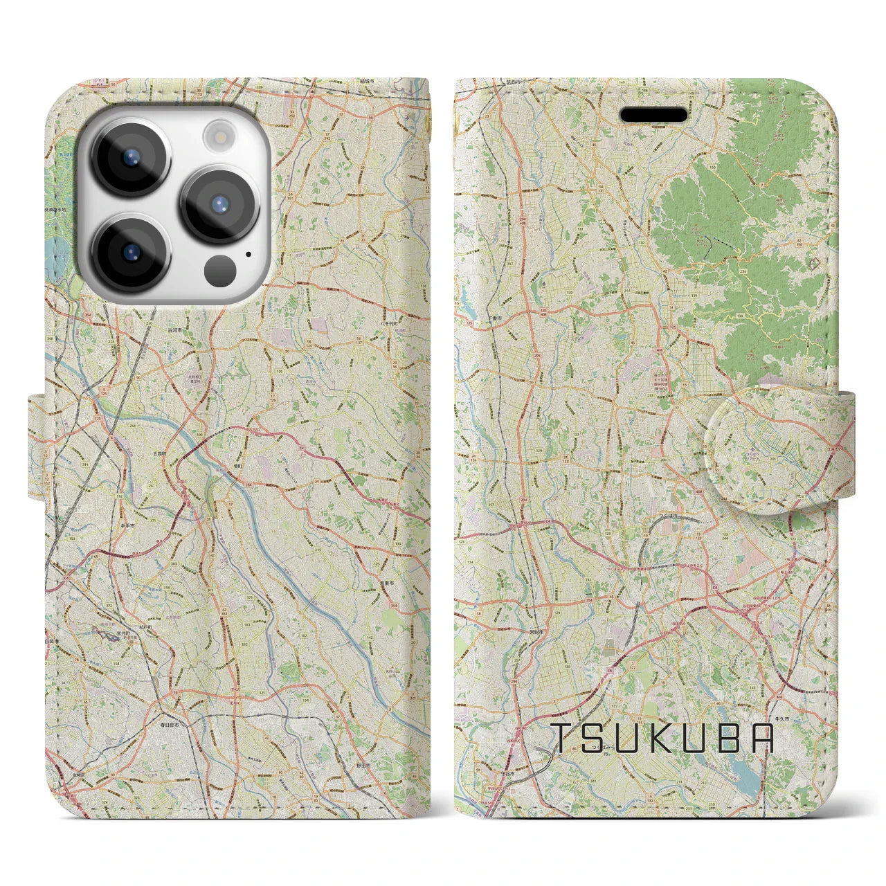 【つくば2(茨城県)】地図柄iPhoneケース(手帳タイプ)ナチュラル・iPhone 14 Pro 用