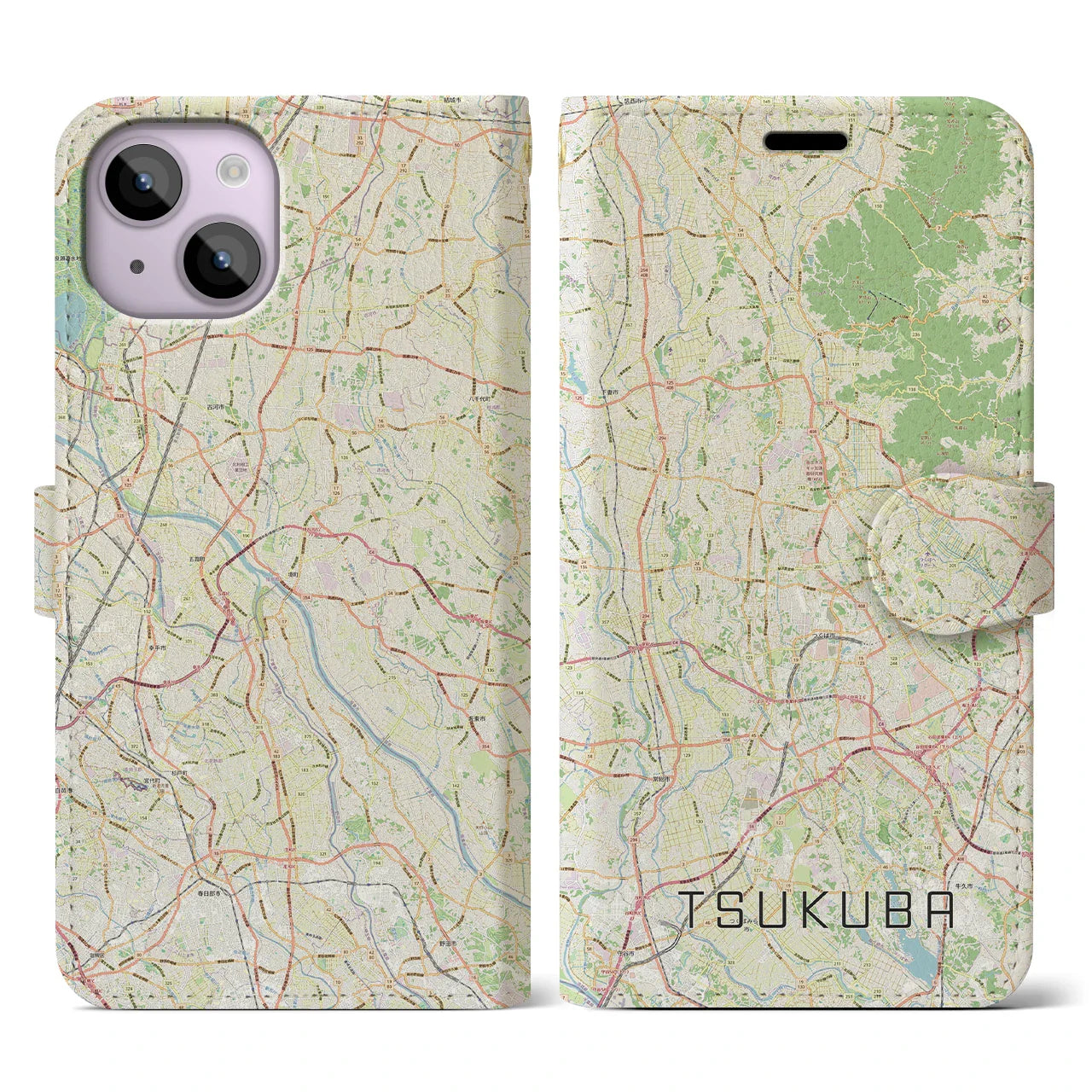 【つくば2(茨城県)】地図柄iPhoneケース(手帳タイプ)ナチュラル・iPhone 14 用