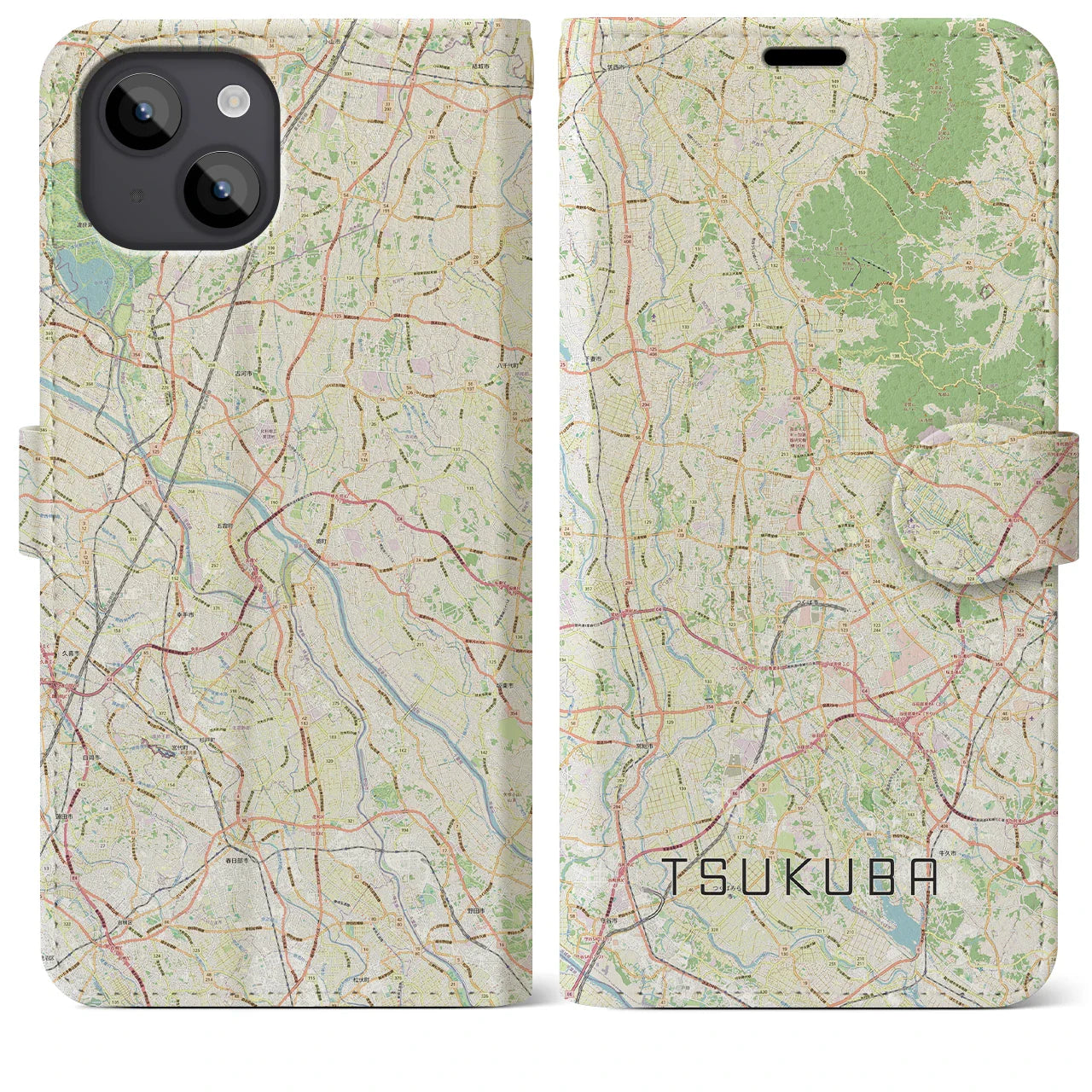 【つくば2(茨城県)】地図柄iPhoneケース(手帳タイプ)ナチュラル・iPhone 14 Plus 用