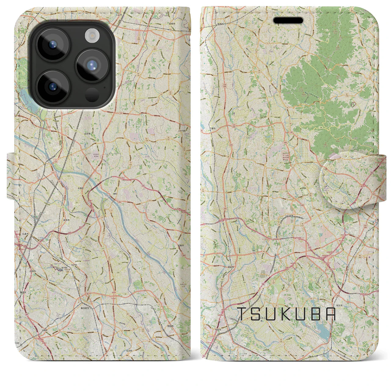 【つくば2(茨城県)】地図柄iPhoneケース(手帳タイプ)ナチュラル・iPhone 15 Pro Max 用