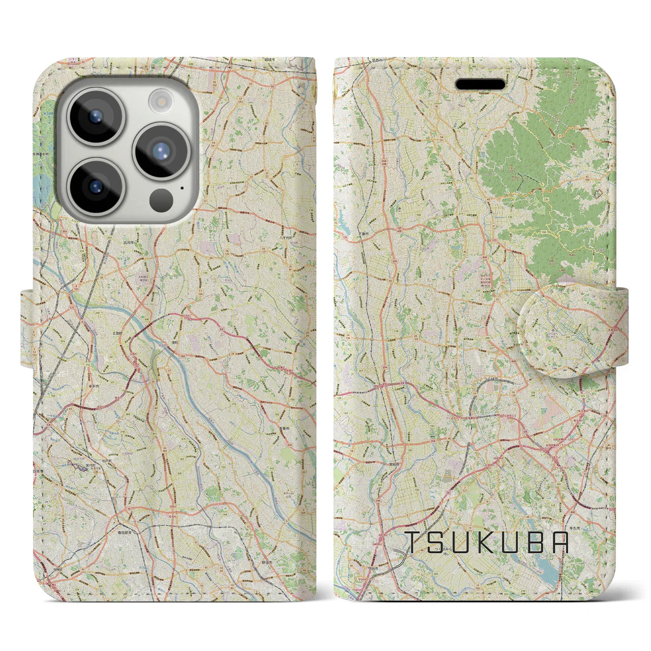 【つくば2(茨城県)】地図柄iPhoneケース(手帳タイプ)ナチュラル・iPhone 15 Pro 用