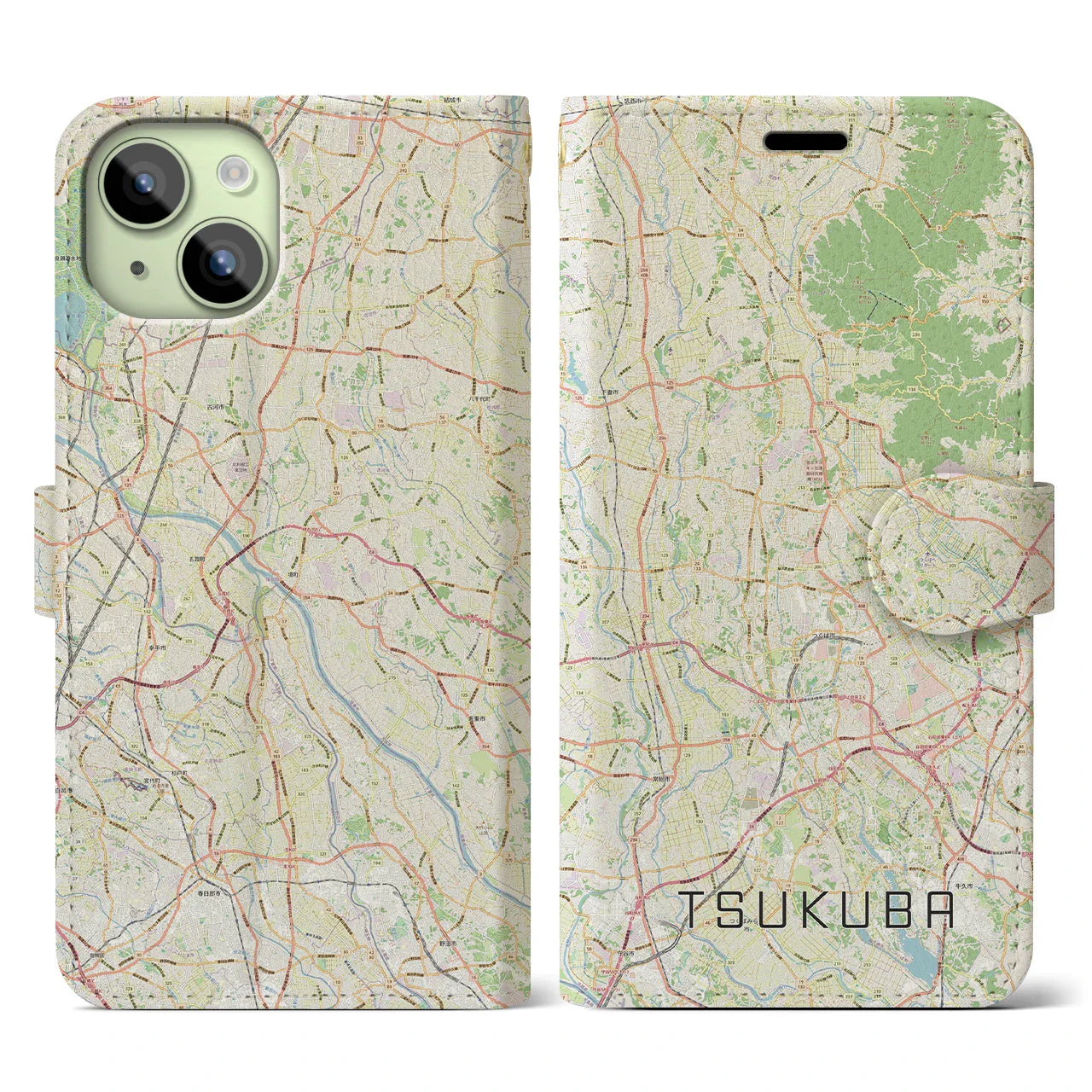 【つくば2(茨城県)】地図柄iPhoneケース(手帳タイプ)ナチュラル・iPhone 15 用