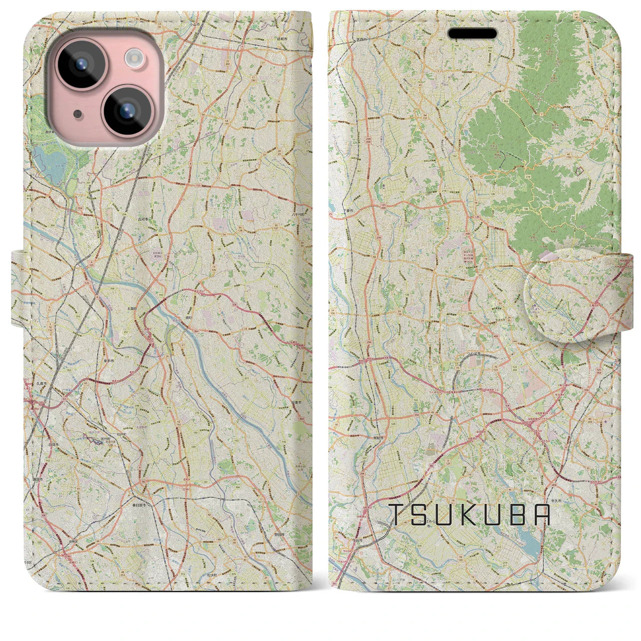 【つくば2(茨城県)】地図柄iPhoneケース(手帳タイプ)ナチュラル・iPhone 15 Plus 用