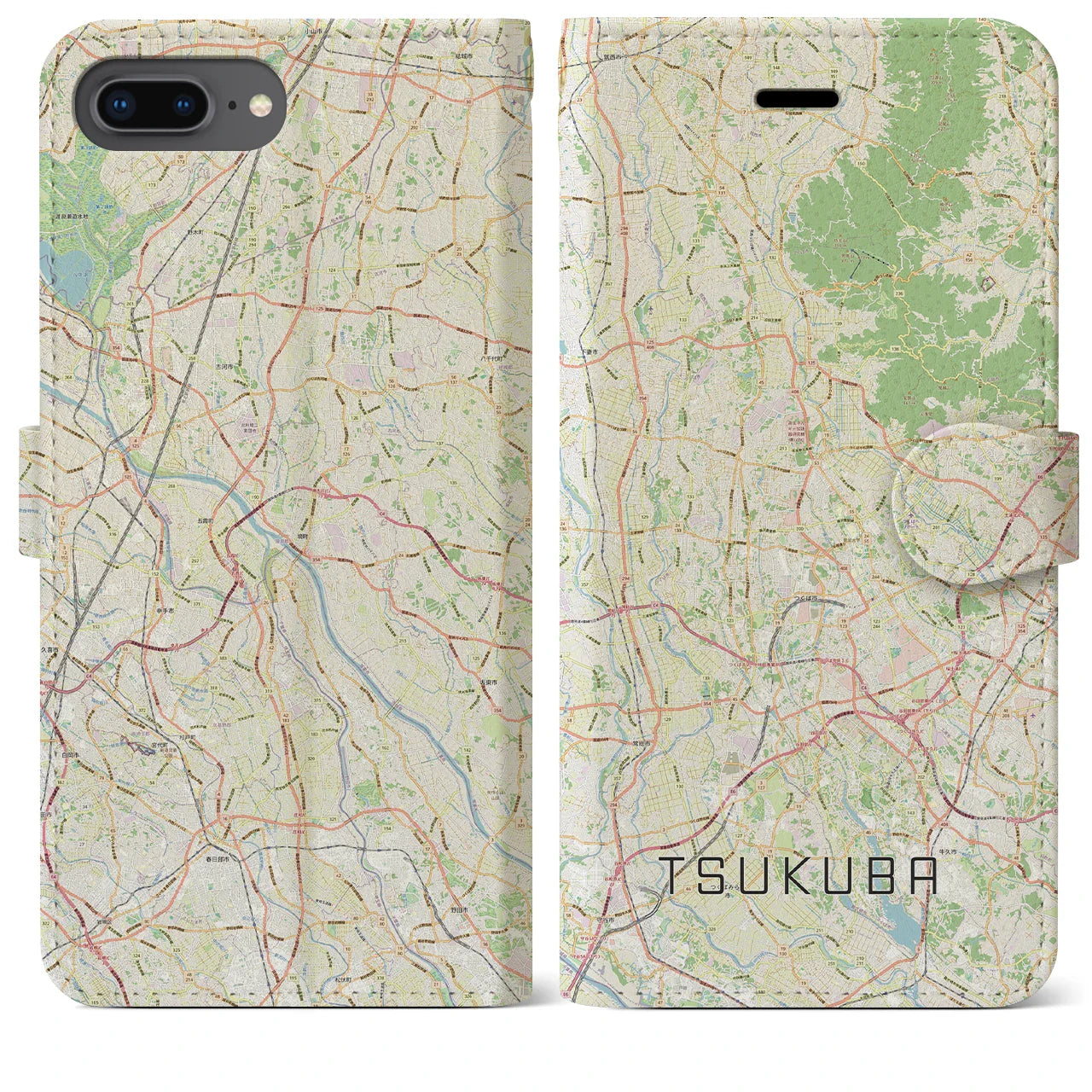 【つくば2(茨城県)】地図柄iPhoneケース(手帳タイプ)ナチュラル・iPhone 8Plus /7Plus / 6sPlus / 6Plus 用