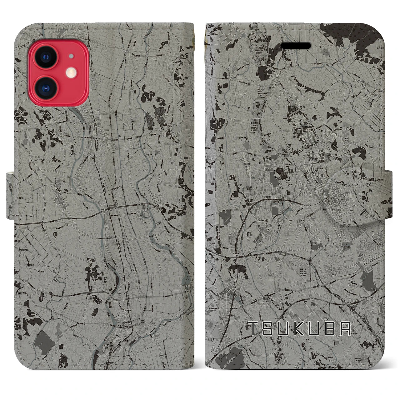 【つくば(茨城県)】地図柄iPhoneケース(手帳タイプ)モノトーン・iPhone 11 用