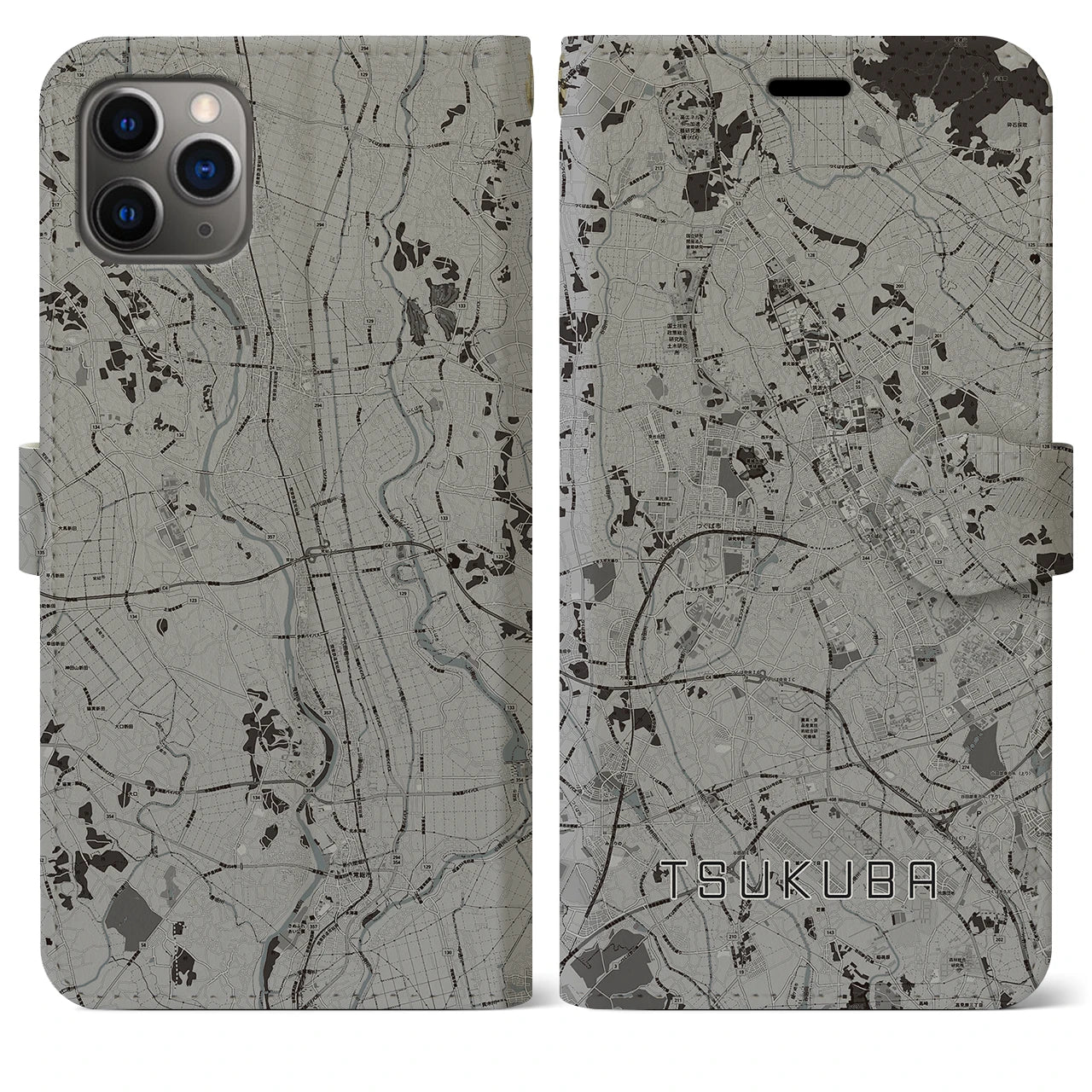 【つくば(茨城県)】地図柄iPhoneケース(手帳タイプ)モノトーン・iPhone 11 Pro Max 用