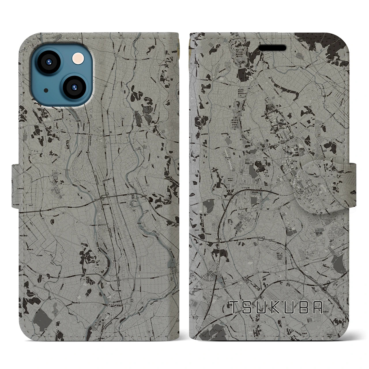 【つくば(茨城県)】地図柄iPhoneケース(手帳タイプ)モノトーン・iPhone 13 用