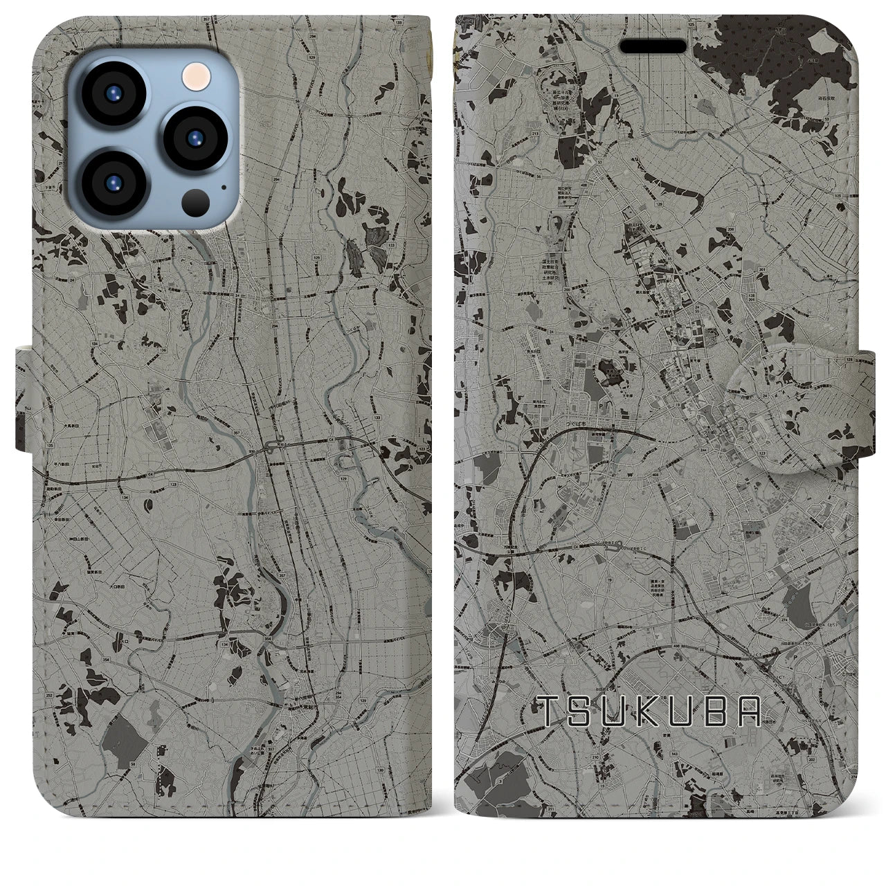 【つくば(茨城県)】地図柄iPhoneケース(手帳タイプ)モノトーン・iPhone 13 Pro Max 用